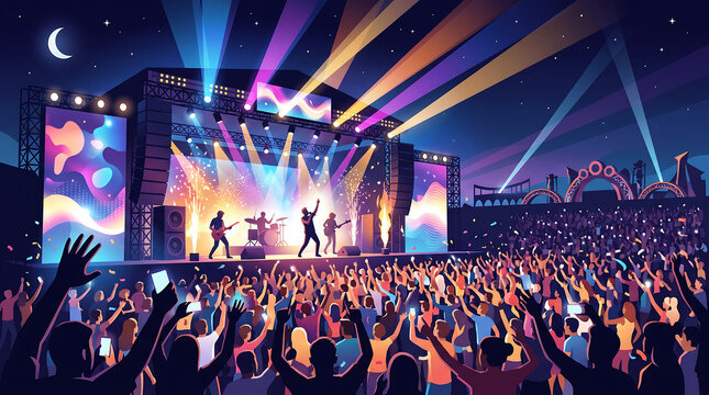 Outdoor music festival stage concert at night with colorful spotlight beams, band performing live, and cheering crowd
