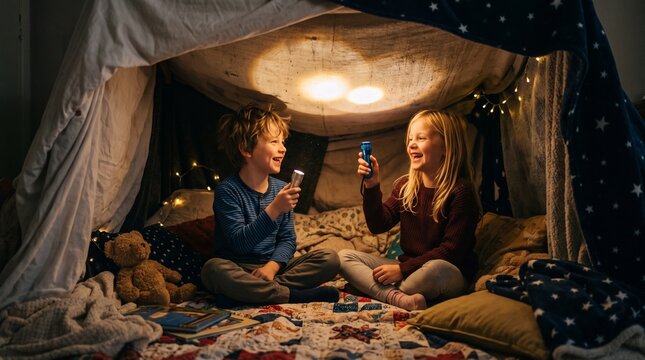 Two happy children playing with flashlights inside a cozy blanket fort at night