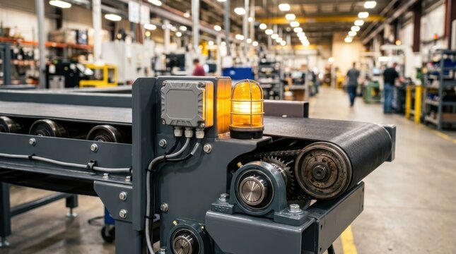 Smart sensor module, warning light, rollers, and bearings on a conveyor drive inside a factory aisle