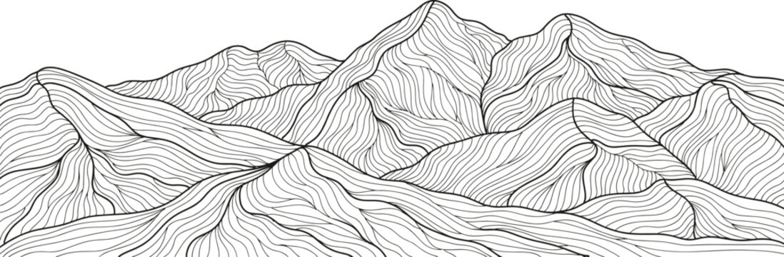 Black and white line of a mountain range, featuring flowing, continuous contour lines forming a topographical landscape pattern