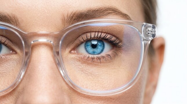 Close-up of a woman wearing glasses with blue eyes and clear lenses, emphasizing vision and focus