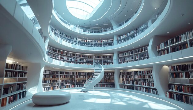 Futuristic Library Interior with Circular Design and Natural Light.