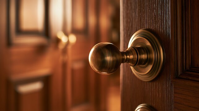 A close up view of an elegant brass door knob handle