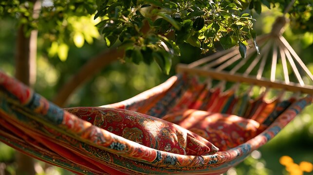 A comfortable hammock with patterned cushion resting under lush trees