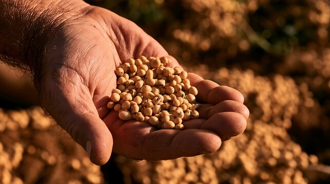 A male farmer hand holding a handful of raw soybeans