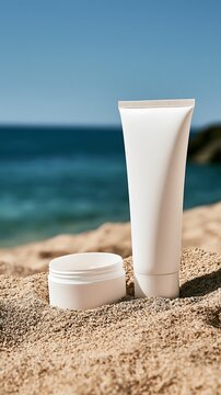 Blank cosmetic cream tube and jar sitting on beach sand