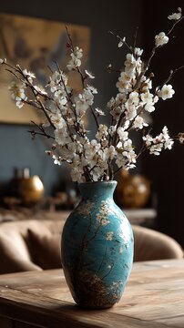 Beautiful white cherry blossoms arranged in a rustic blue painted ceramic vase on table