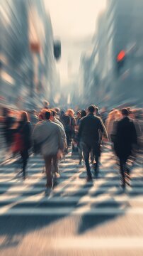 Blurred busy urban commuters walking across a city intersection street