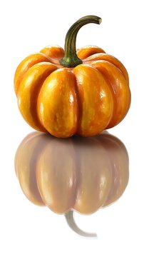 Bright orange pumpkin perfectly reflects on a pristine white surface