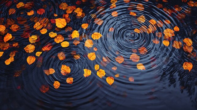 Bright orange autumn leaves floating on dark rippled water surface