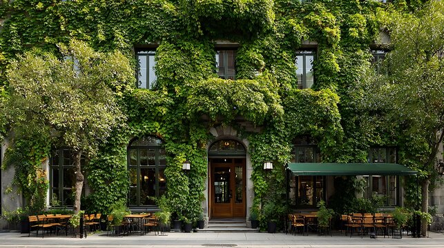 Charming outdoor cafe terrace covered in beautiful climbing green ivy