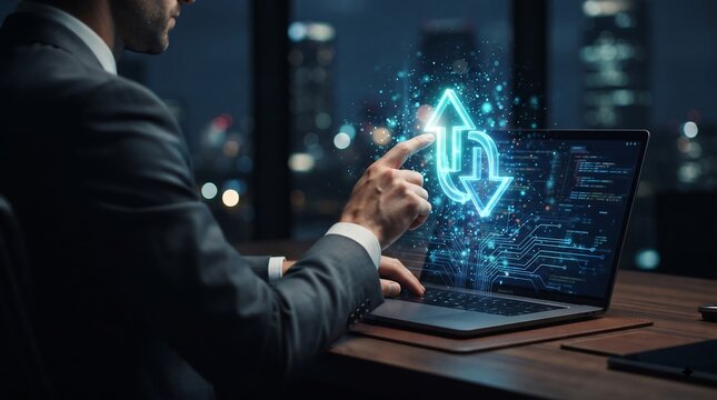 Businessman in a suit using a smartphone that projects a holographic financial coin stack icon upward, futuristic business technology concept, digital transformation