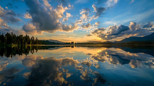 Dramatic sunset over a calm lake with mountain reflections view