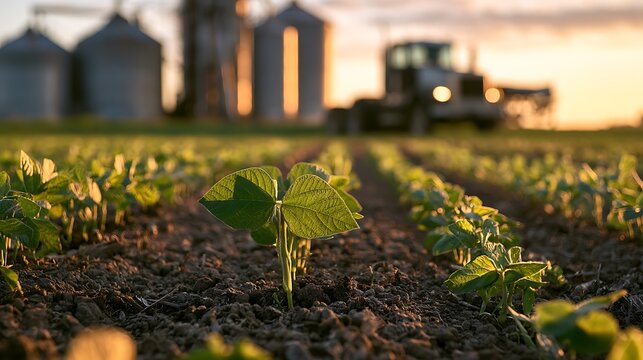 Fresh soy seedlings thriving in rich soil during golden hour
