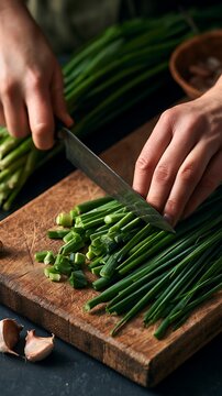 Hands chopping fresh green spring onions on wooden board
