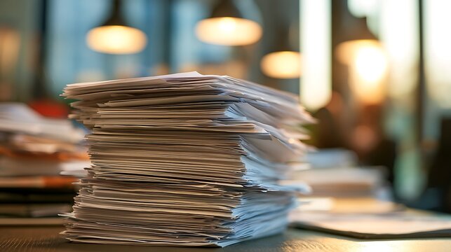 Large stack of office documents sitting on a desk workspace