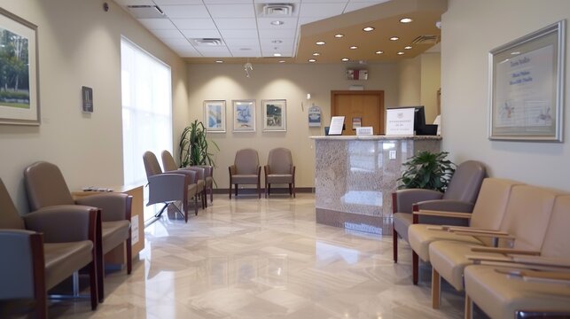 Empty waiting room in a modern medical clinic or doctors office with comfortable seating and a reception desk.