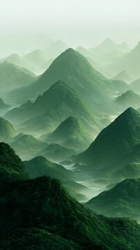 Layers of misty green mountains fade into a distant horizon