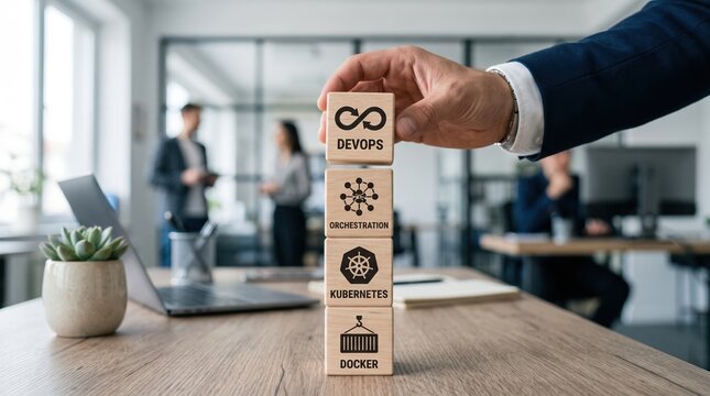 Businessman building a stack of wooden blocks featuring devops orchestration kubernetes and containerization icons in office