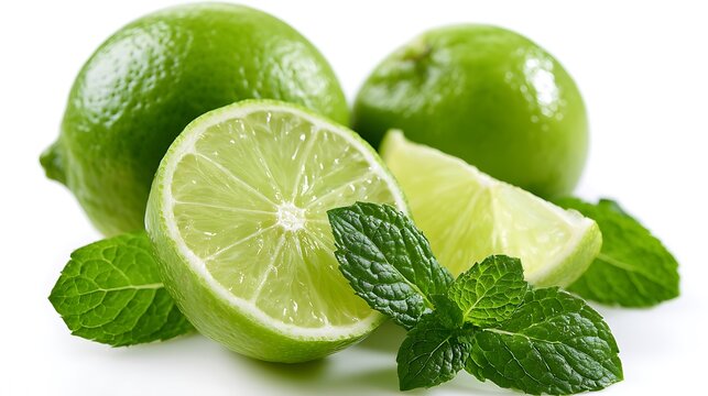 Ripe green limes with mint leaves on white table surface