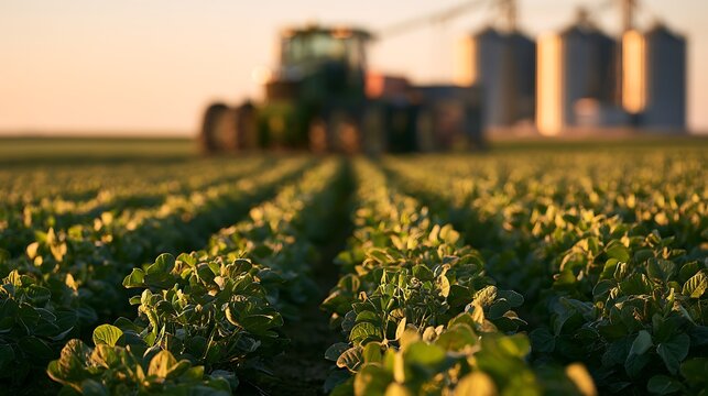 Rows of young soybean plants in a sunny agricultural field