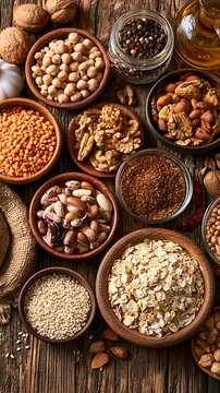 Various healthy nuts and legumes displayed in small wooden bowls