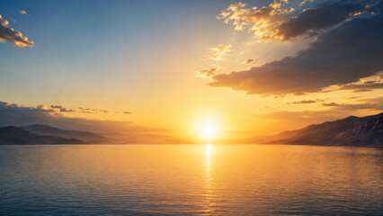 Fototapeta premium Golden sunrise over a tranquil mountain lake with dramatic clouds, calm reflections, and a peaceful horizon, creating a serene natural landscape