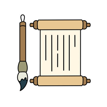 Korean traditional paper scroll and calligraphy brush PNG illustration