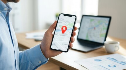 Obraz premium Person holding a smartphone with a local map and navigation interface for online shopping support.