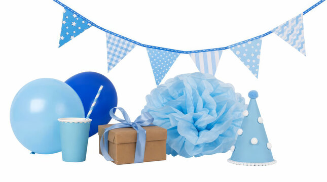 Blaues Partyzubehoer Set mit Luftballons Wimpelkette Geschenk und Huetchen