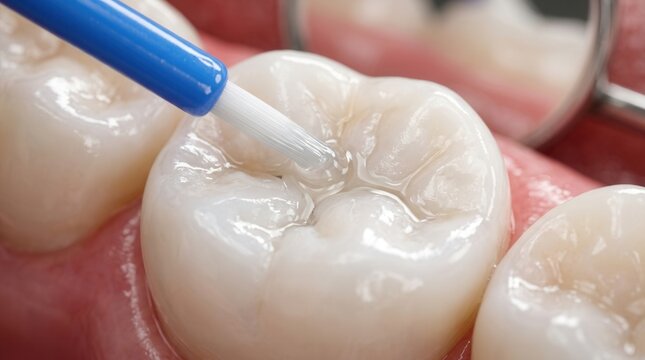 Dental sealant being applied to a molar tooth in a clinical closeup