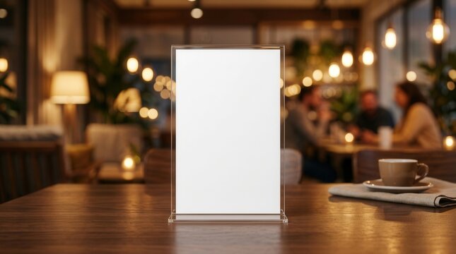 Blank menu tent card mockup standing on a cafe table with a blurred background.