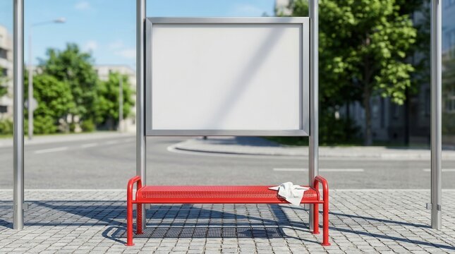 A red empty bus depot bench with a blank timetable display and a cleaning cloth.