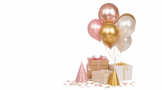 Geburtstagsdekoration mit Luftballons, Geschenkboxen und Partyhut auf weissem Hintergrund