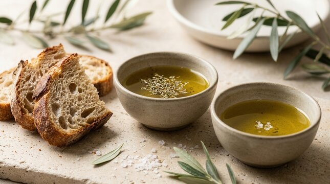 Premium olive oil tasting with fresh bread and coarse salt on stone.