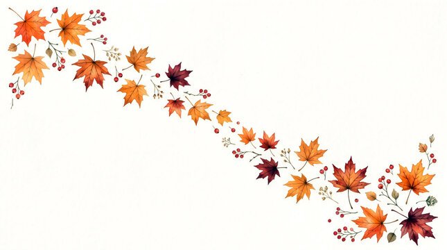 Autumn maple leaf border with red berries in watercolor style