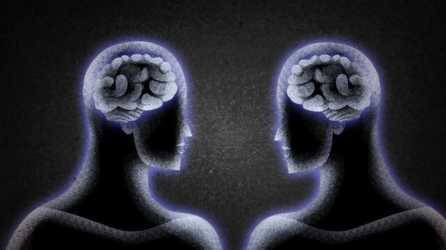 two human silhouettes sending telepathic messages between their brains