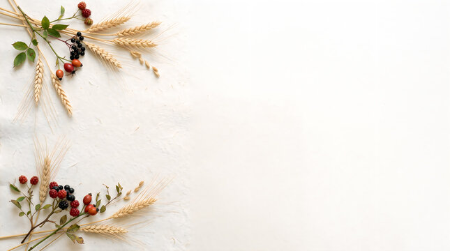 Autumn wheat ears and wild berries frame on light surface