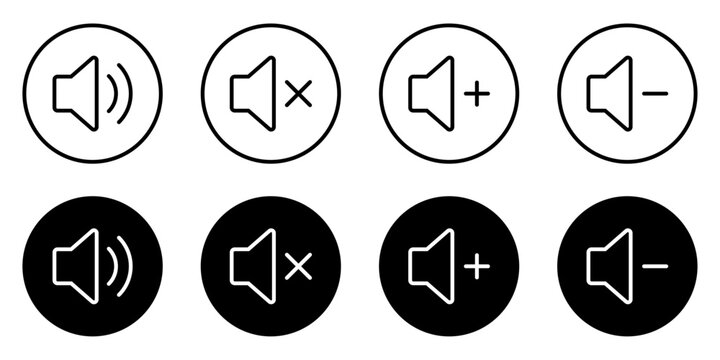 Speaker volume control icon set with increase, decrease, mute and sound options for audio interfaces.