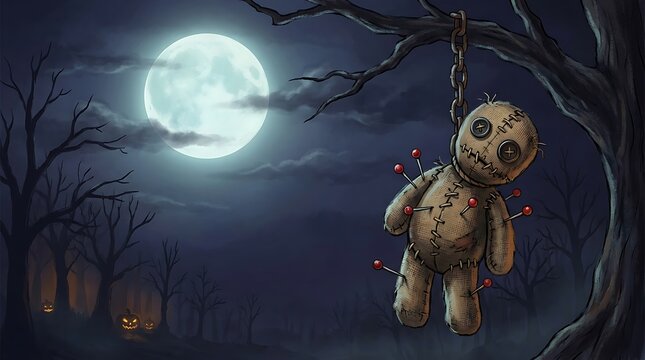 Voodoo doll hanging from a tree branch by a chain under a full moon