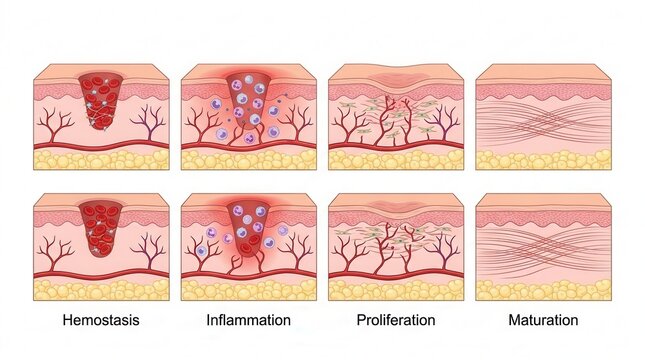 Medical diagram showing the wound healing process for clinical healthcare learning.