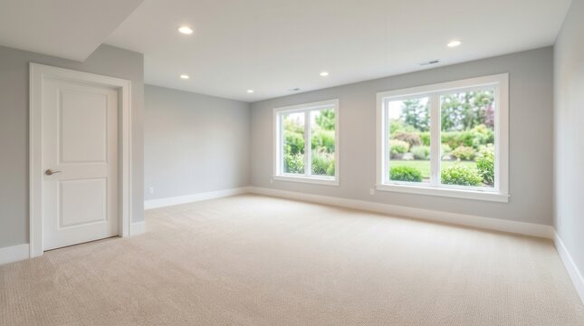 Bright newly finished basement interior with windows and recessed lighting.