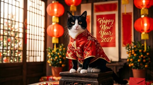 Elegant tuxedo cat wearing traditional chinese clothing celebrates the lunar new year