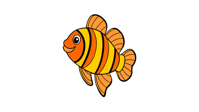 A cute cartoon illustration of an orange clownfish with yellow stripes, smiling in a friendly manner, set against a plain white background.