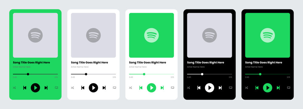 Spotify vertical music player card UI component in colored, light and dark themes.
