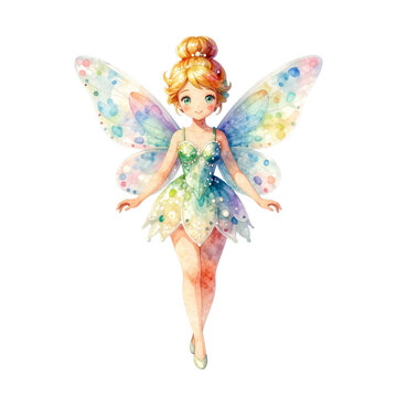 Watercolor illustration of a cute fairy with colorful butterfly wings and green dress