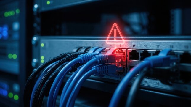 Network server rack with a glowing red warning hazard alert icon on an ethernet port cable connection.