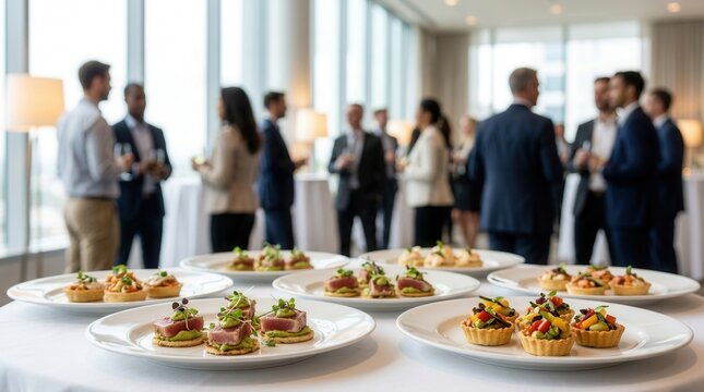 Elegant appetizer plates arranged at a sophisticated corporate reception event.