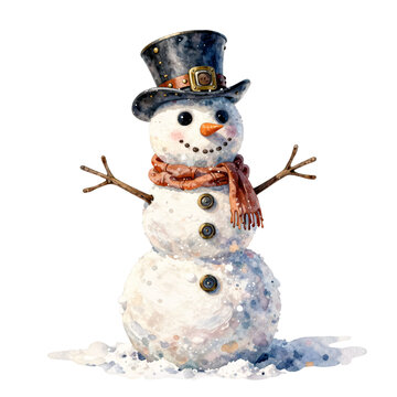 Watercolor snowman with a top hat and scarf stands on snow
