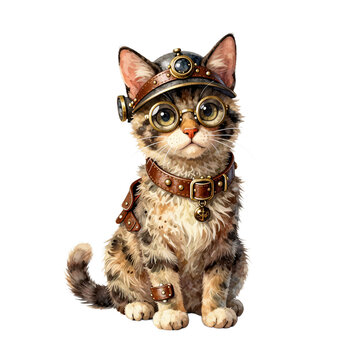 Cute steampunk cat wearing goggles and a leather hat with brass accents